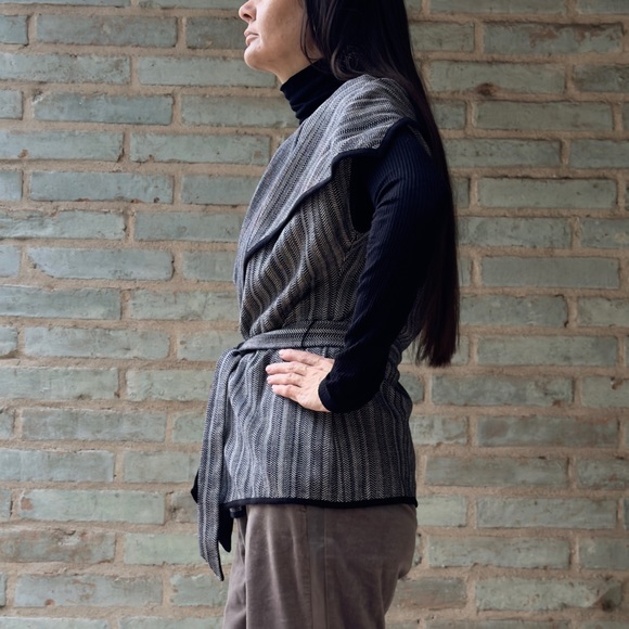 Dana Buchman Jacket Grey Herringbone Y2K Capelet Wide Collar Belt Tie Cardigan - Picture 4 of 14